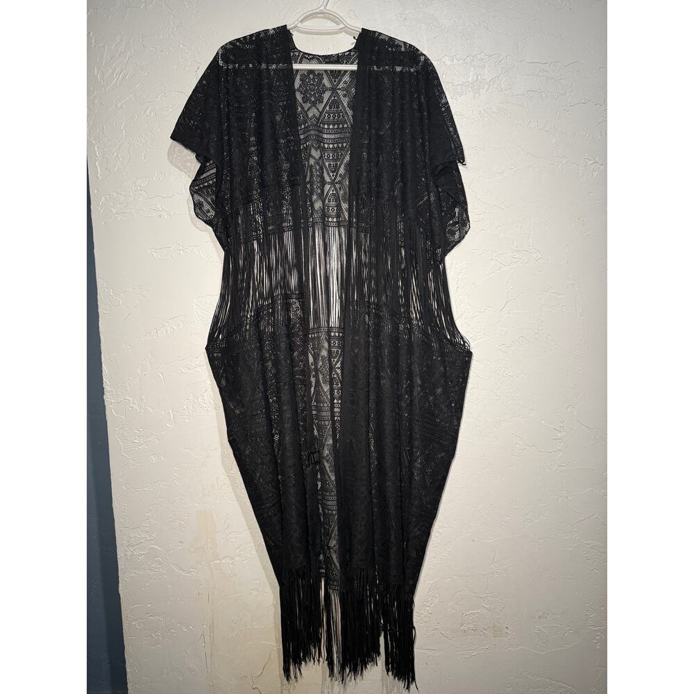 LVS Collection long line duster fringe eyelet cardigan womens OS wester‎ cowgirl